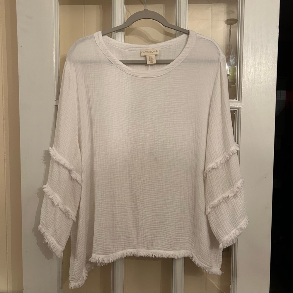 Cynthia Rowley White Textured Blouse with Fringe Accents - 3/4 sleeves.